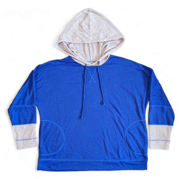 Women's Hoodie Pullover Sweatshirt Colorblock Royal Blue Gray Waffle Knit XXL - Picture 1 of 14